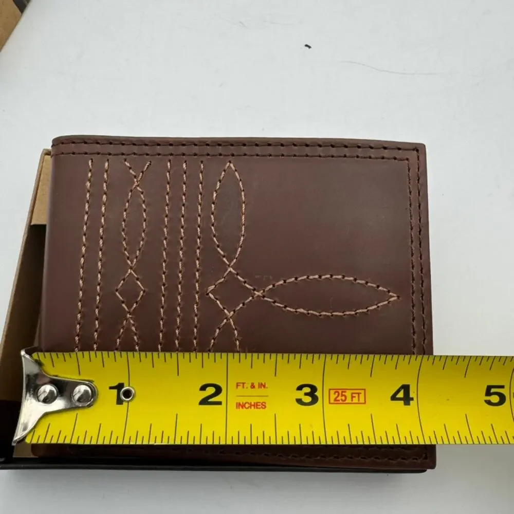 Justin Slim Bifold RFID Wallet Genuine Leather Western Stitch Brown Gift Box NIB